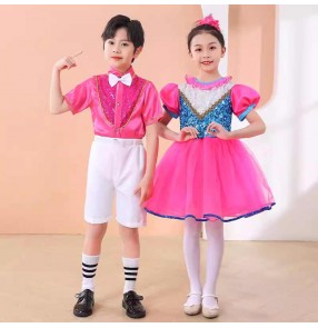 Children Boys girls pink sequins jazz dance outfits preschool choir chorus princess dress tutu skirt kindergarten modern dance performance costume
